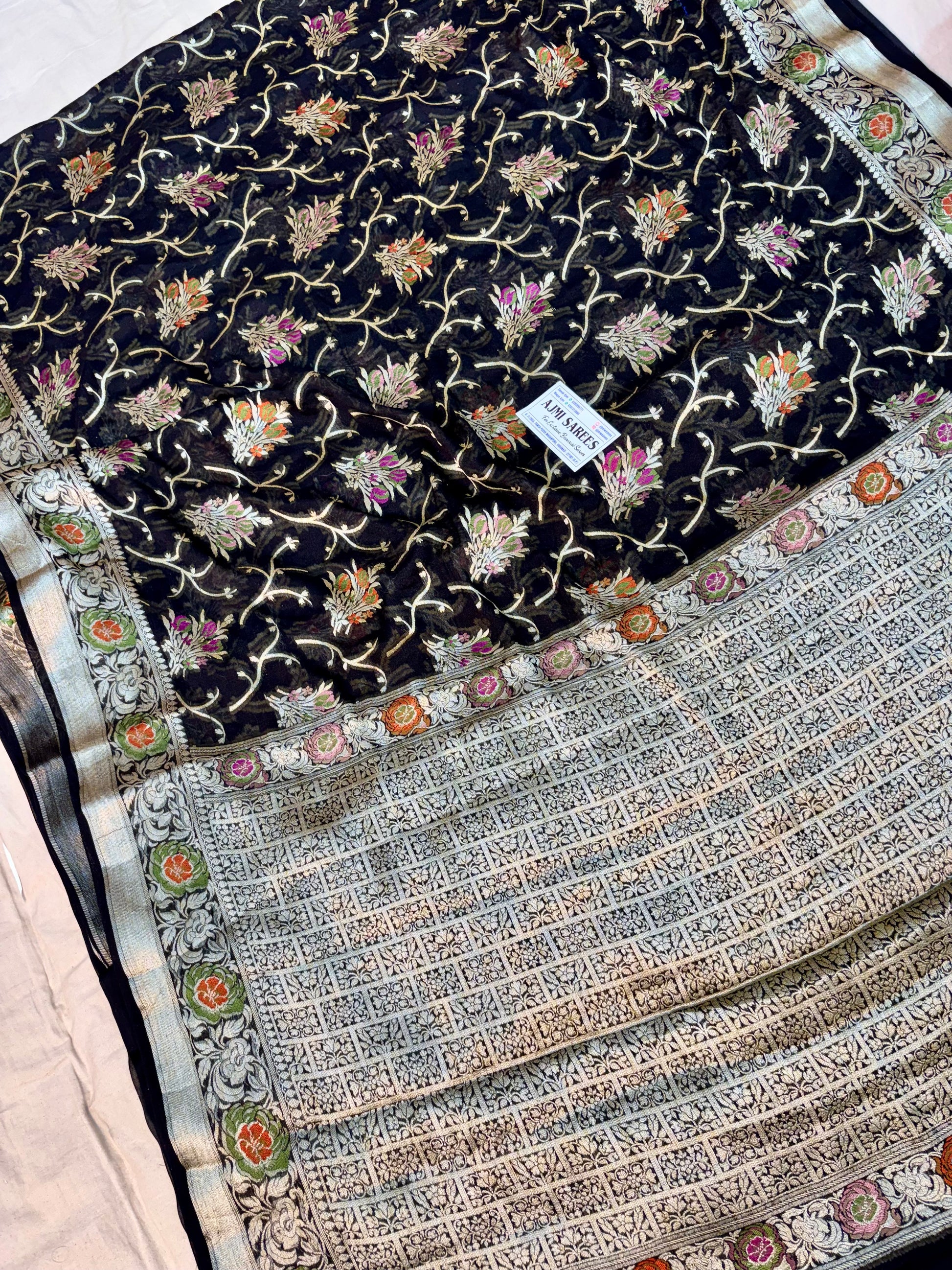 Black luxury Banarasi saree with intricate floral border