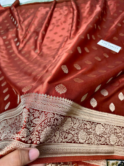 Mashru Katan Silk Banarasi Saree in Rust Copper with All-Over Zari Motifs Banarasi Saree