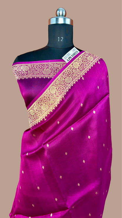 100% Pure Kora Ektara Silk Handloom Banarasi Saree – Magenta with Golden Kadwa Motifs Banarasi Saree