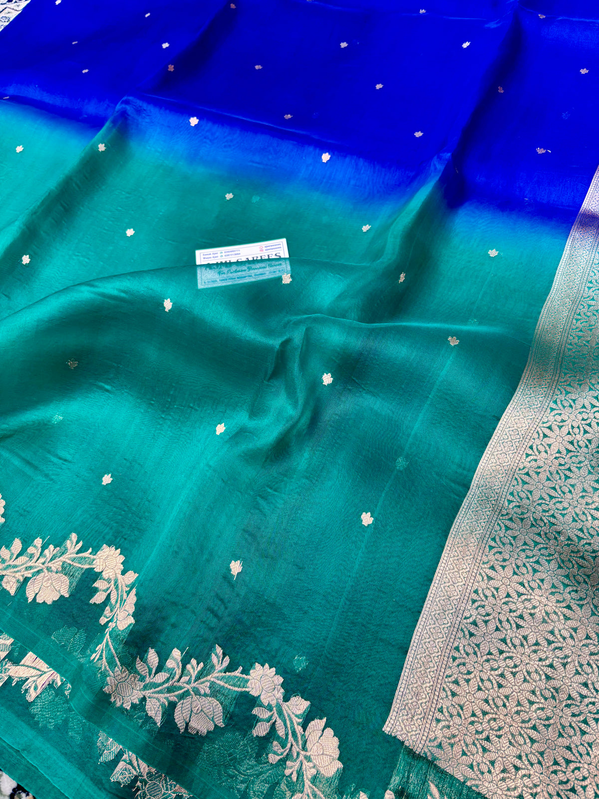 Pure Kora Silk Handloom Banarasi Saree – Royal Blue × Rama Green Dual Shade | All-Over Kadwa Motifs Banarasi Saree