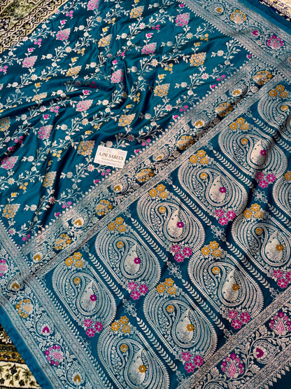 Premium Mashru Katan Silk Banarasi Saree – Sapphire Blue with Golden Zari Banarasi Saree