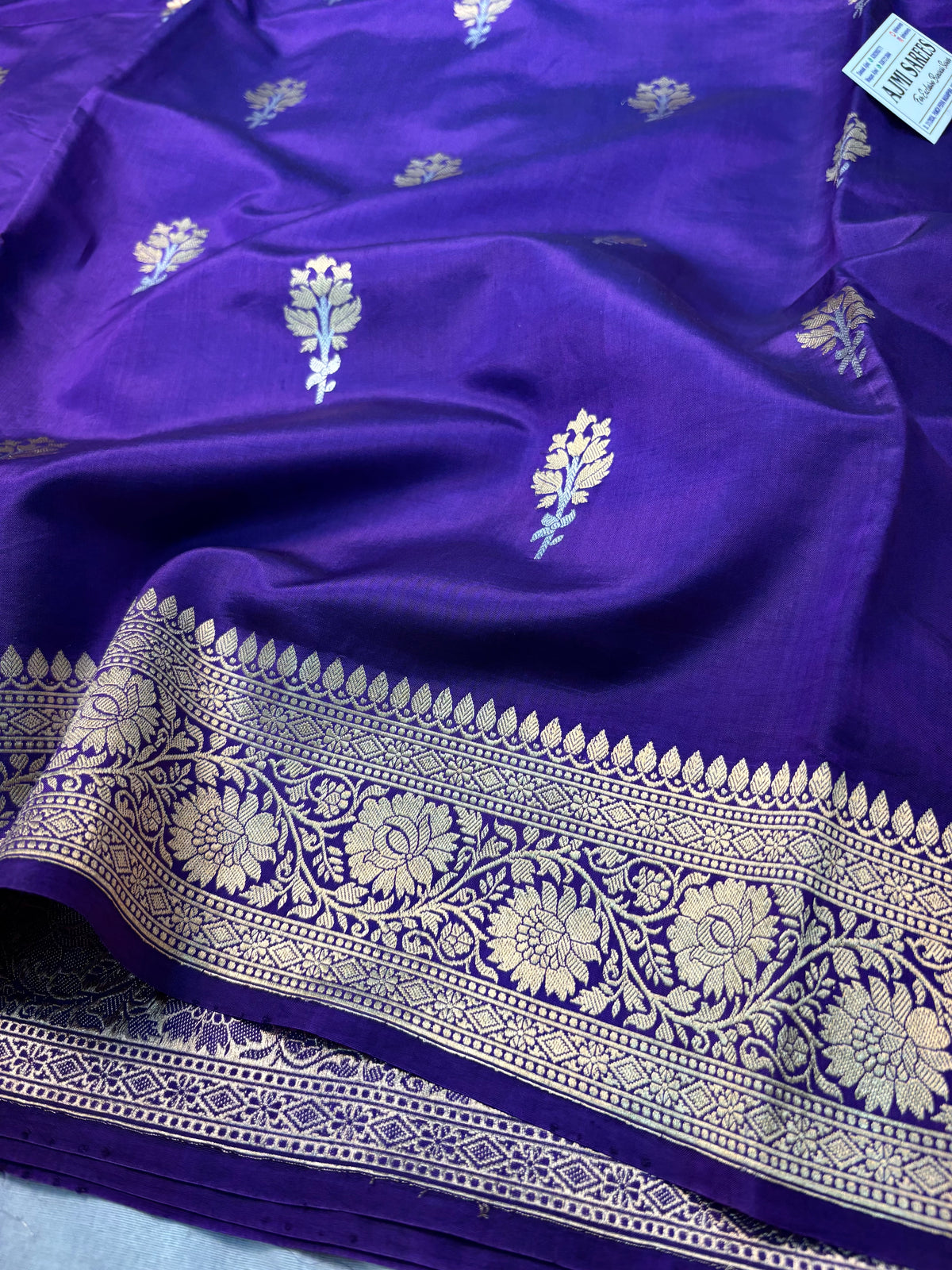 Pure Raw Mango Silk Handloom Banarasi Saree in Purple with All-Over Kadwa Sona Rupa Meenakari Motifs Banarasi Saree