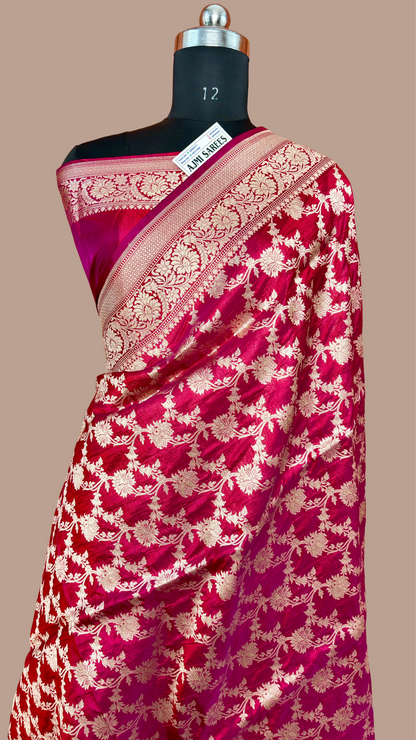 100% Pure Katan Silk Banarasi Saree – Red x Pink Dual Tone | Gold Zari Floral Jaal Banarasi Saree
