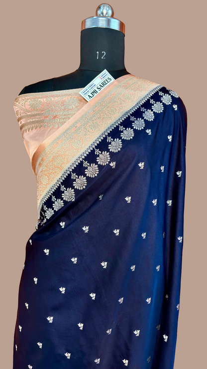 Luxury Mashru Katan silk saree in navy blue and peach