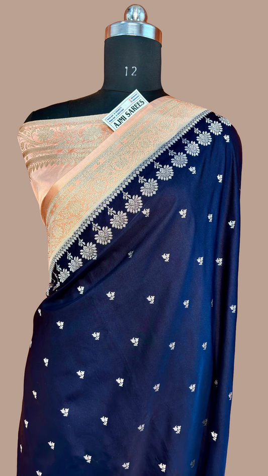 Luxury Mashru Katan silk saree in navy blue and peach