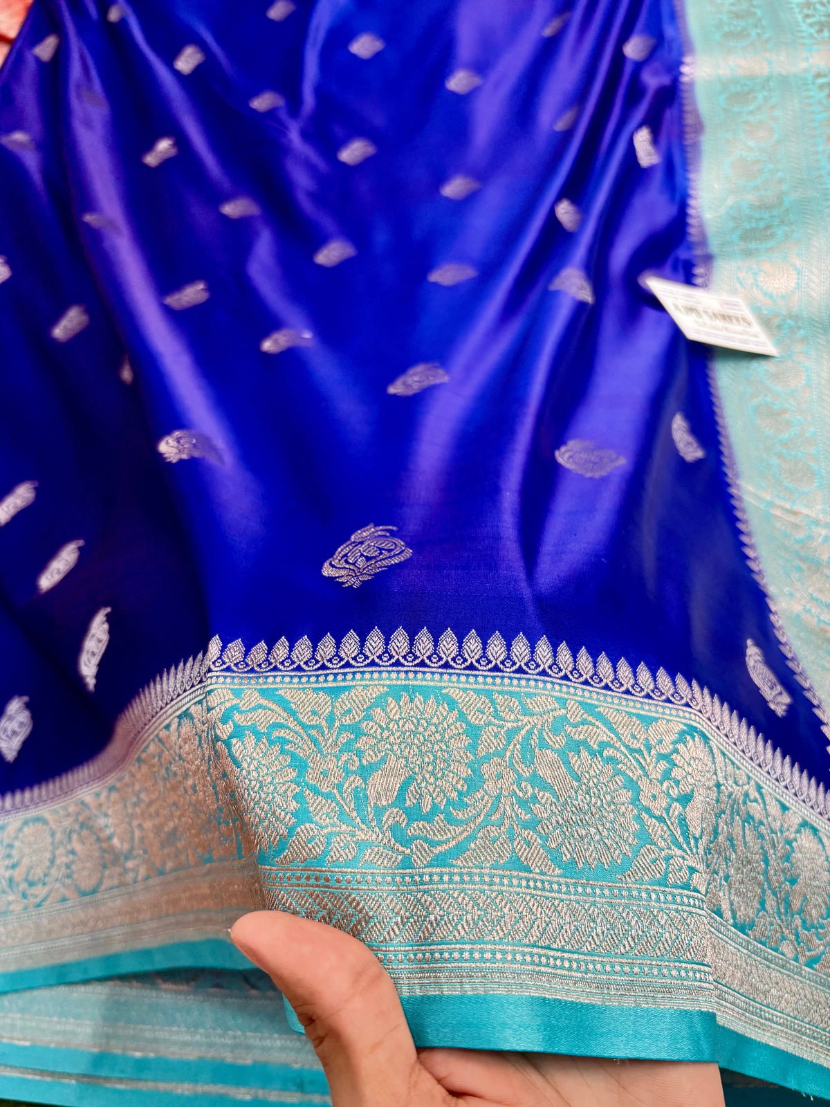 Premium Royal Blue Mashru Katan Silk Banarasi Saree with Sea Green Contrast Border Banarasi Saree