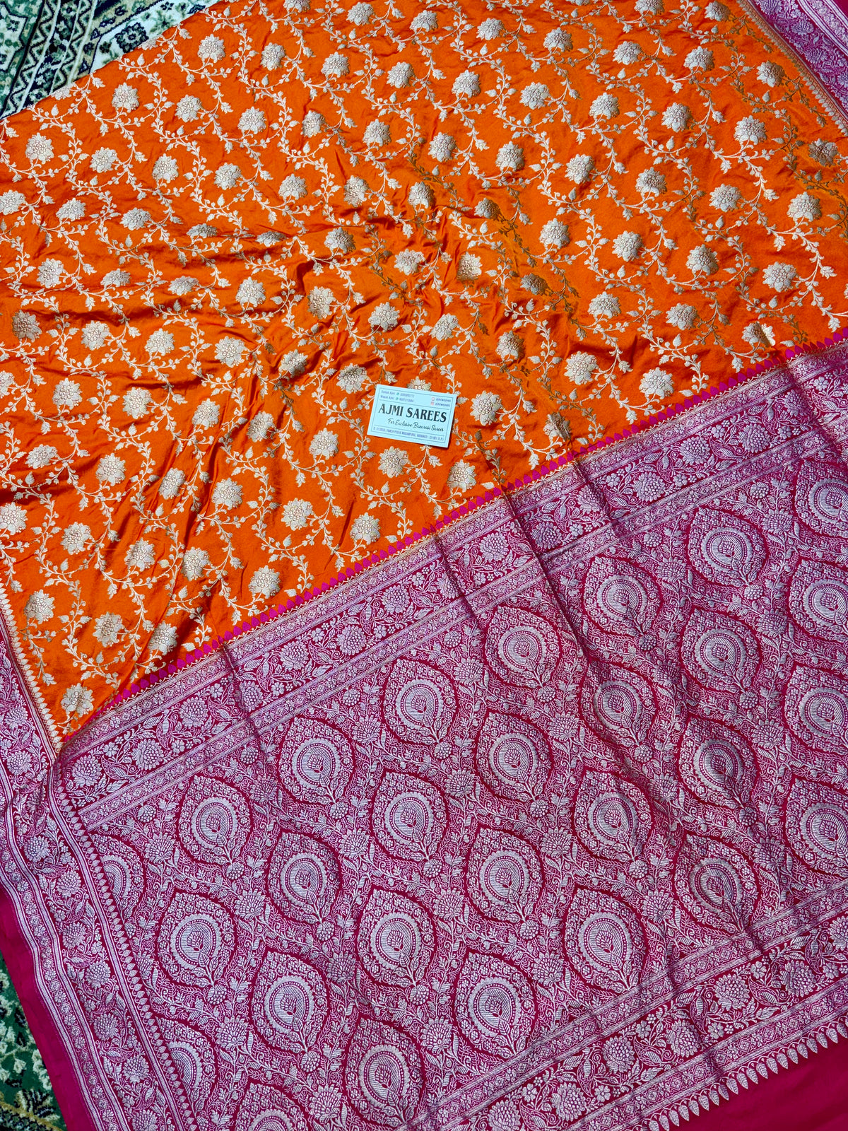 Premium Mashru Katan Silk Banarasi Saree – Orange with Contrast Rani Border Banarasi Saree