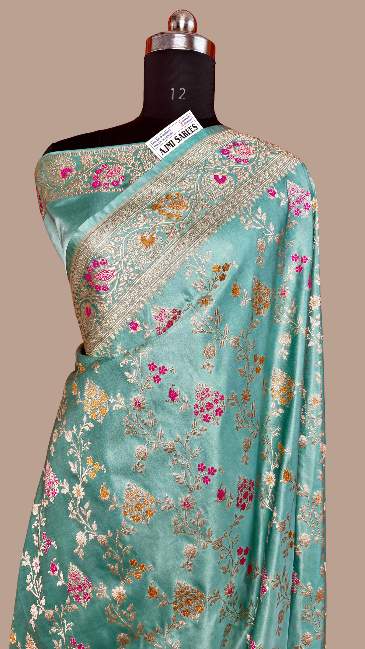 Premium Sea Green Mashru Katan Silk Banarasi Saree with Floral Jaal Banarasi Saree