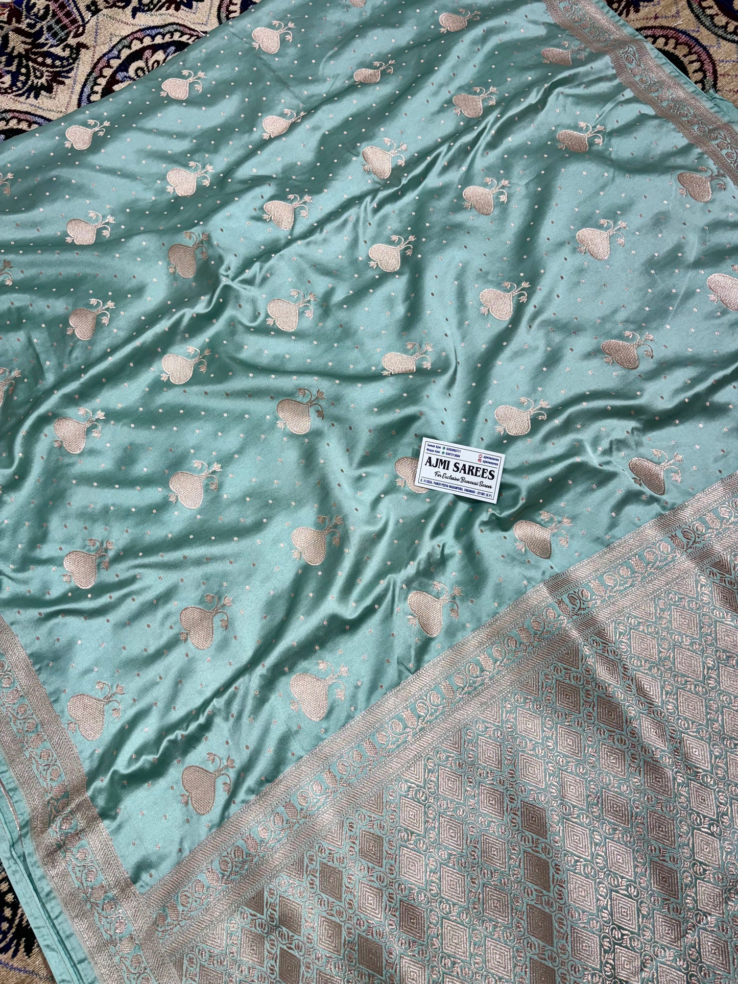 Mashru Katan Silk Dusty Sea Green Banarasi Saree with Elegant Zari Boota & Thin Border Mashru Katan Silk Banarasi Saree