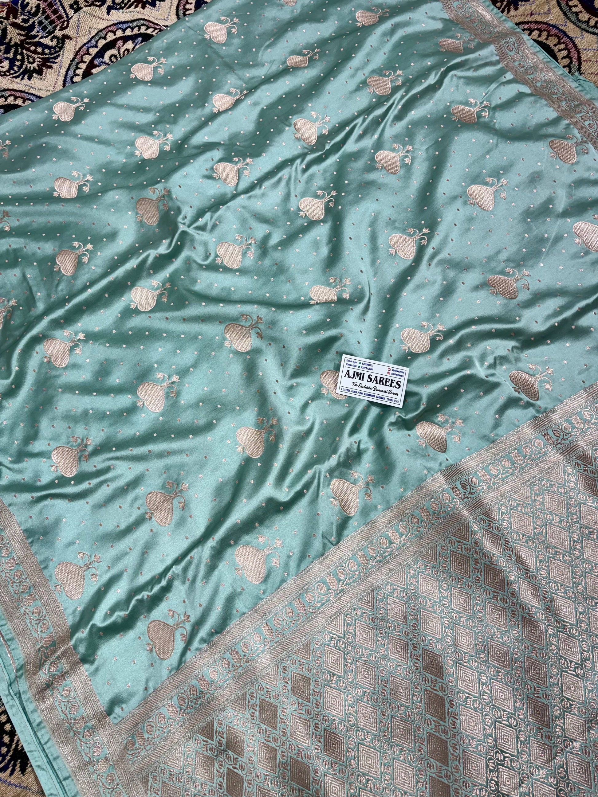Mashru Katan Silk Dusty Sea Green Banarasi Saree with Elegant Zari Boota & Thin Border Mashru Katan Silk Banarasi Saree