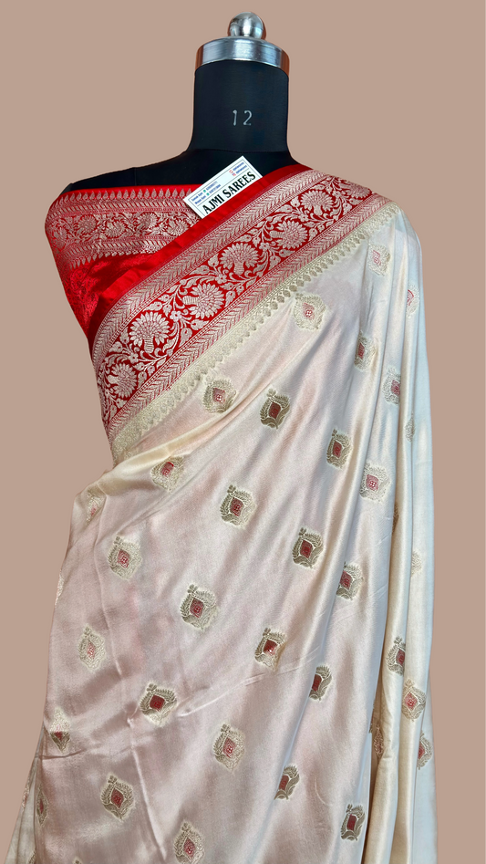 Luxury Premium Ivory Mashru Katan Silk Banarasi Saree with Contrast Red Border & Meenakari Motifs Banarasi Saree