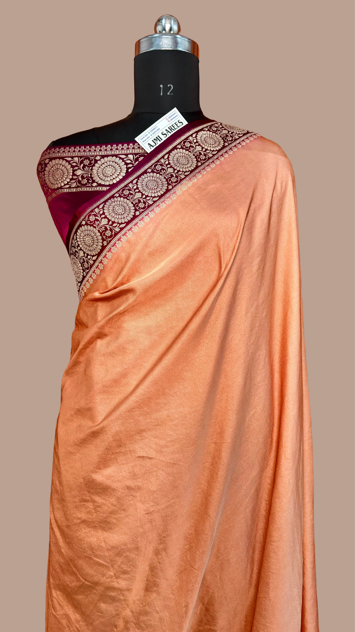 Premium Mashru Katan Silk Banarasi Saree – Copper Body with Contrast Wine Border Banarasi Saree