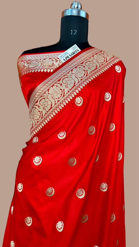 Premium Red Mashru Katan Silk Banarasi Saree – Sonakshi Sinha Inspired Golden Zari Floral Border Banarasi Saree