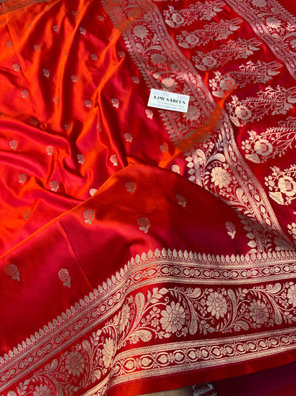 Red rani pink dual tone Banarasi silk saree with intricate zari motifs