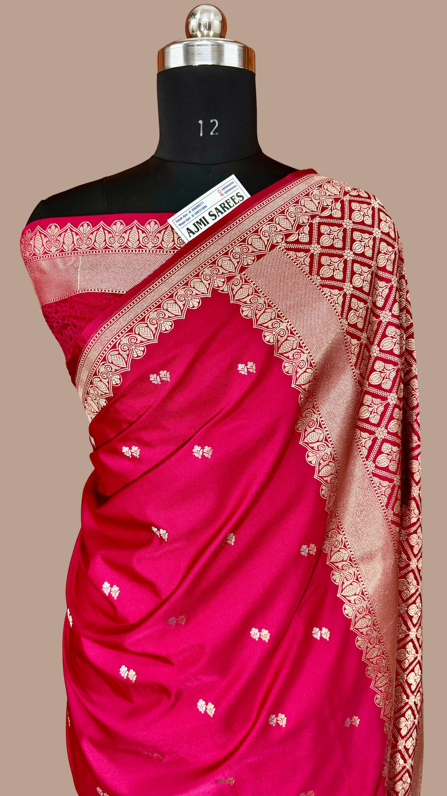 Cherry Red Mashru Katan Silk Banarasi Saree- All Over Sona Rupa Motifs Mashru Katan Silk Banarasi Saree