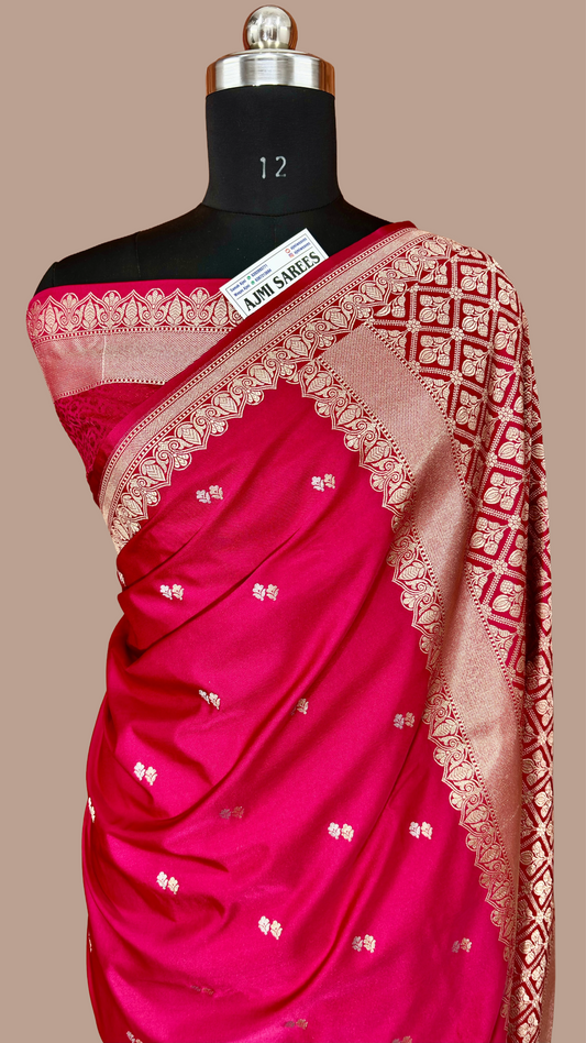 Cherry Red Mashru Katan Silk Banarasi Saree- All Over Sona Rupa Motifs Mashru Katan Silk Banarasi Saree