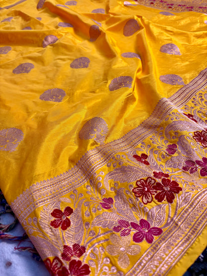 Luxury handloom banarasi silk saree lemon yellow traditional design