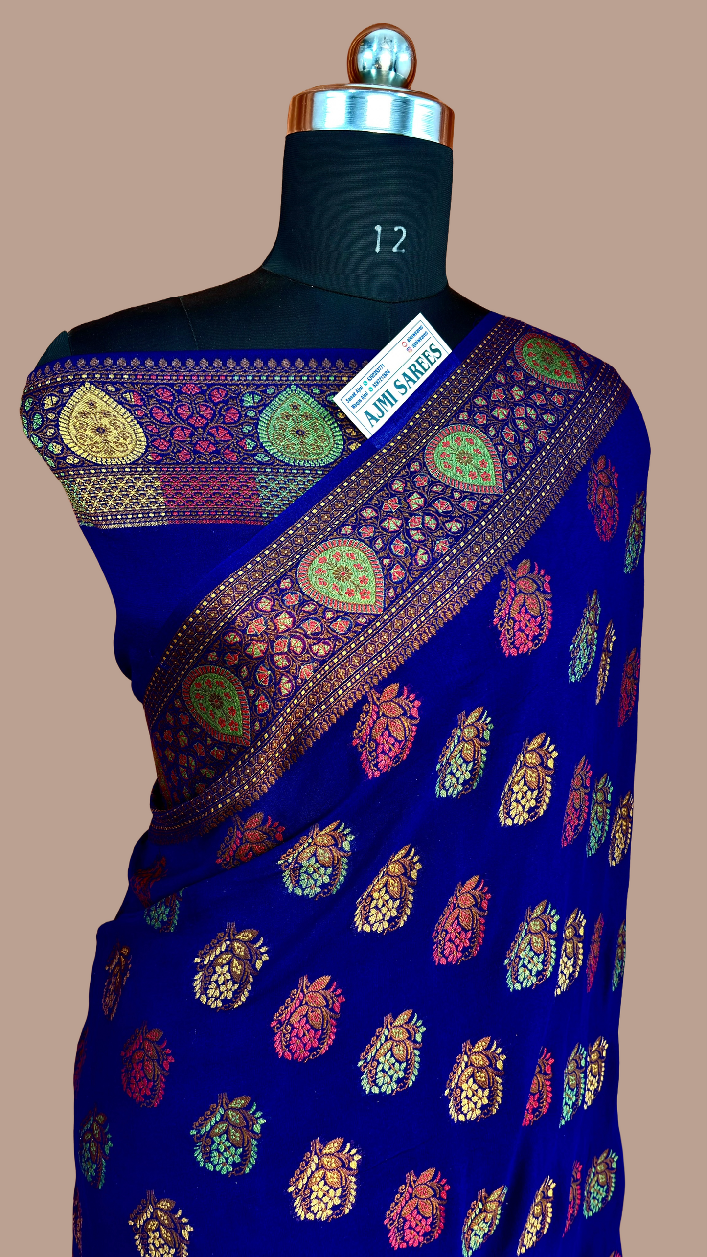 Navy blue pure Khaddi Chiffon Banarasi Tilfi saree with multicolour resham motifs