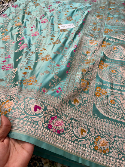 Premium Sea Green Mashru Katan Silk Banarasi Saree with Floral Jaal Banarasi Saree