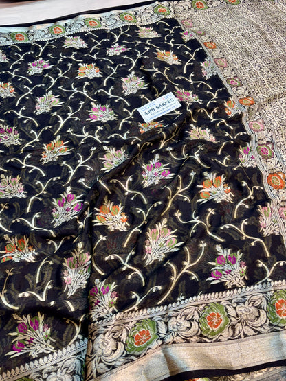 Black Banarasi Tilfi saree featuring multicolour floral motifs