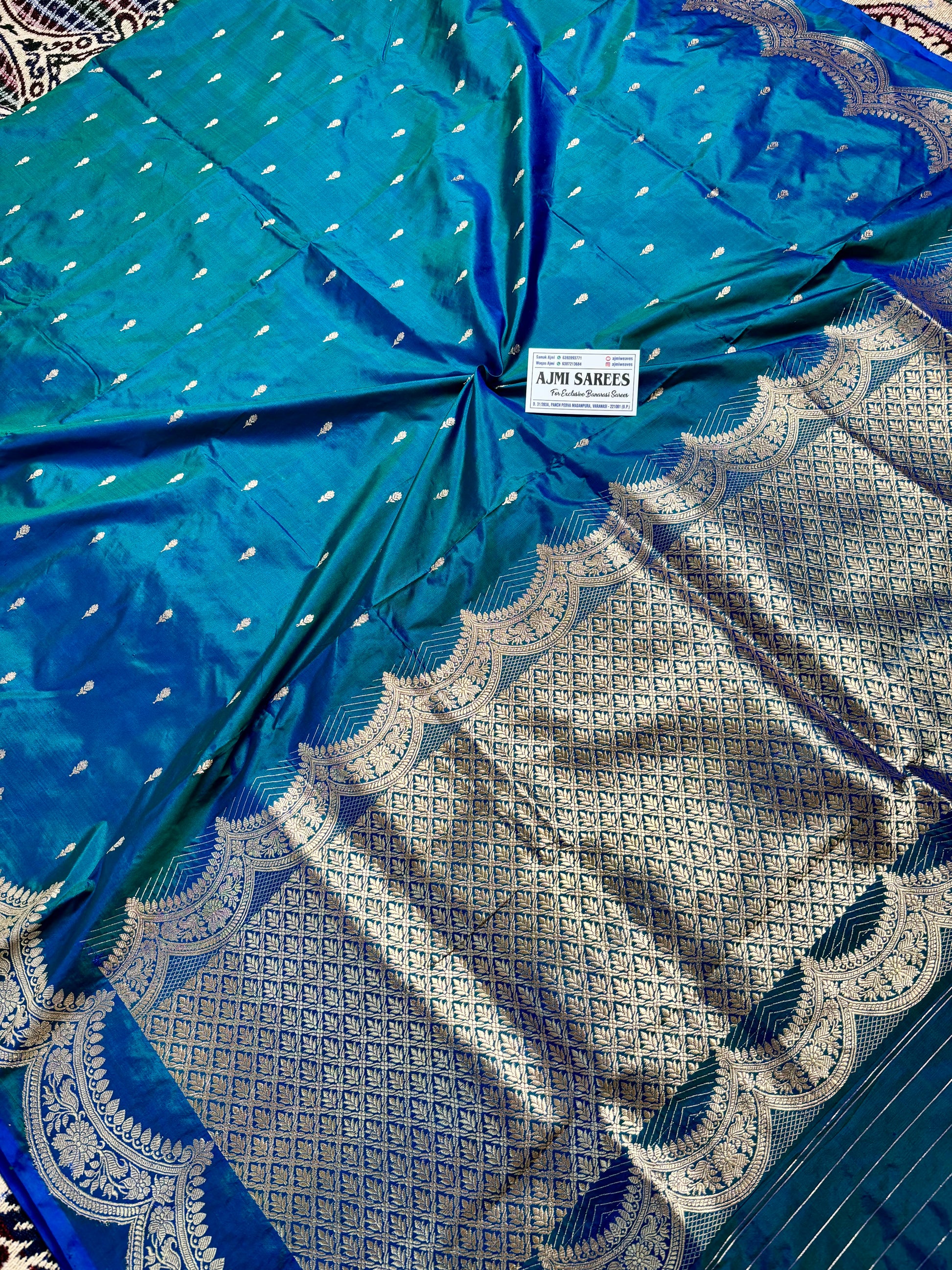 Traditional Banaras handloom pure silk saree peacock blue dual shade