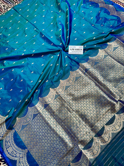 Traditional Banaras handloom pure silk saree peacock blue dual shade