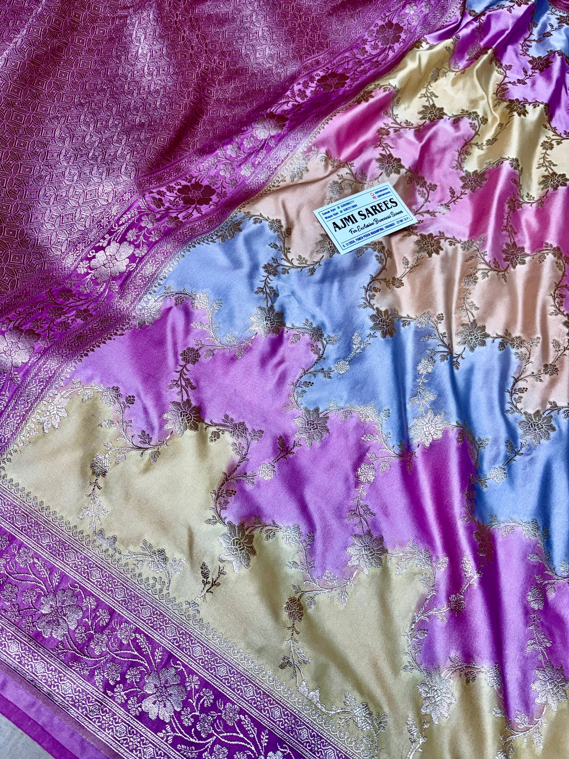 Mashru Katan Silk Rangkat Banarasi Saree – Pink, Tussar, Sky Blue & Yellow Mashru Katan Silk Banarasi Saree