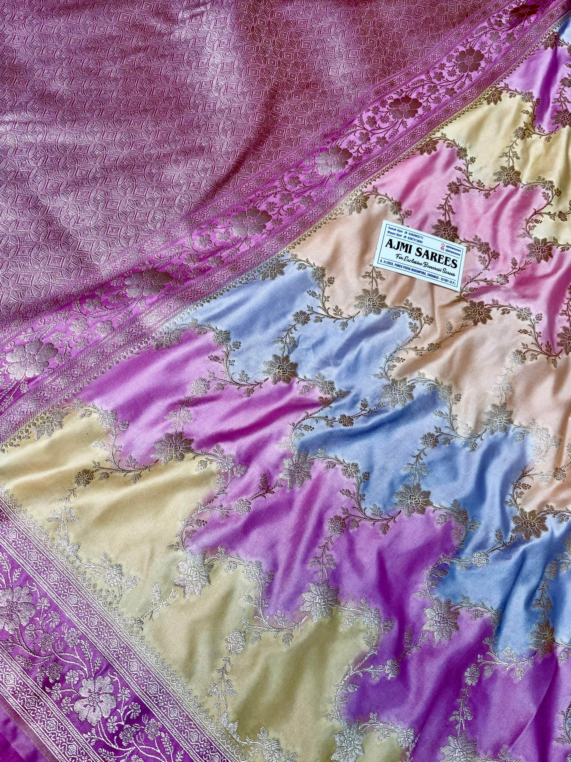 Mashru Katan Silk Rangkat Banarasi Saree – Pink, Tussar, Sky Blue & Yellow Mashru Katan Silk Banarasi Saree