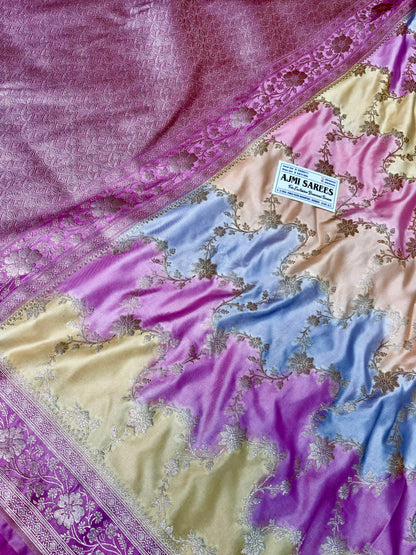 Mashru Katan Silk Rangkat Banarasi Saree – Pink, Tussar, Sky Blue & Yellow Mashru Katan Silk Banarasi Saree