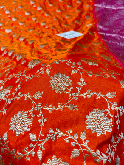 Premium Mashru Katan Silk Banarasi Saree – Orange with Contrast Rani Border Banarasi Saree