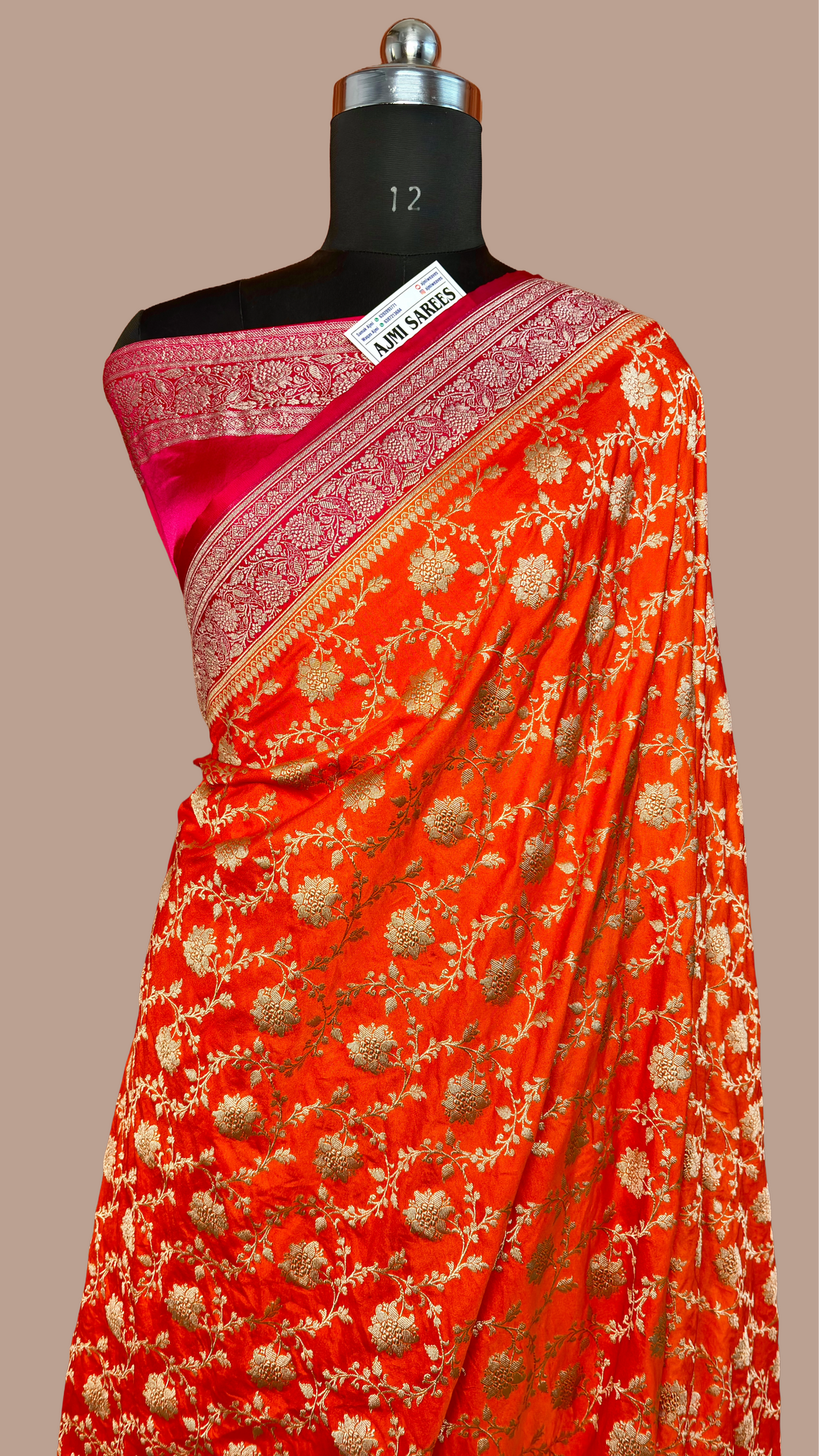 Premium Mashru Katan Silk Banarasi Saree – Orange with Contrast Rani Border Banarasi Saree