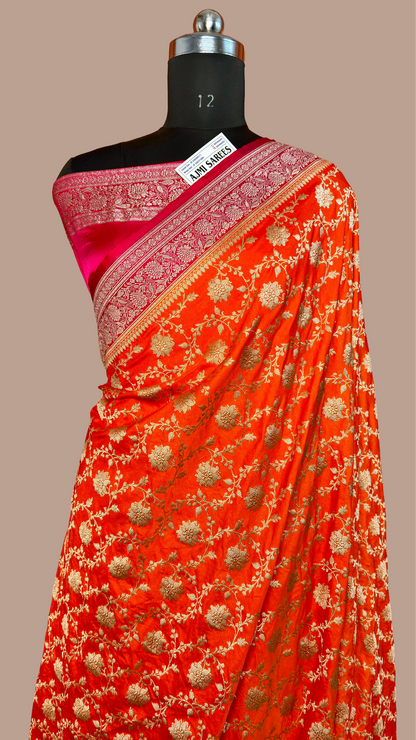 Premium Mashru Katan Silk Banarasi Saree – Orange with Contrast Rani Border Banarasi Saree