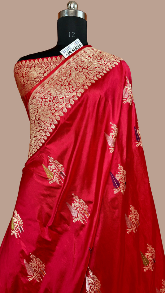pure katan silk banarasi saree red kadwa tilfi buta