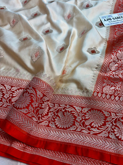 Luxury Premium Ivory Mashru Katan Silk Banarasi Saree with Contrast Orange Border & Meenakari Motifs Banarasi Saree