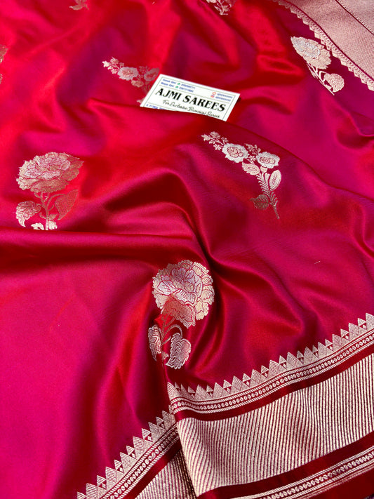 Premium Mashru Katan Silk Banarasi Saree – Dual Tone Red × Magenta | Sona Rupa Butas Banarasi Saree