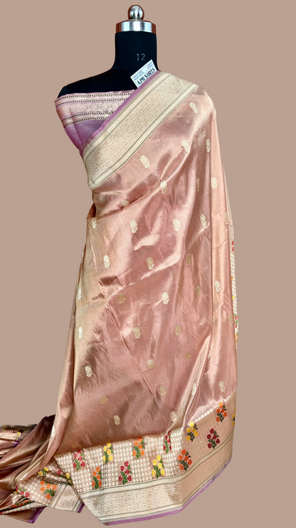 100% Pure Tissue Katan Silk Handloom Banarasi Saree in Copper with Kadwa Motifs