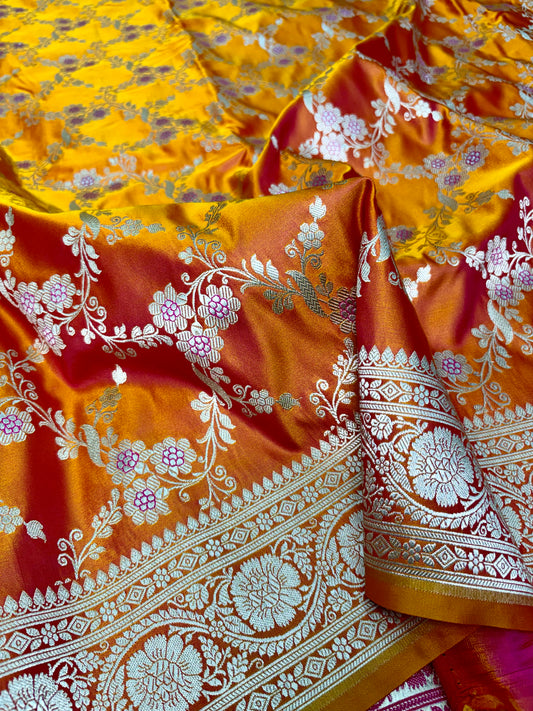 Orange gold dual tone Banarasi saree with floral meenakari weaving