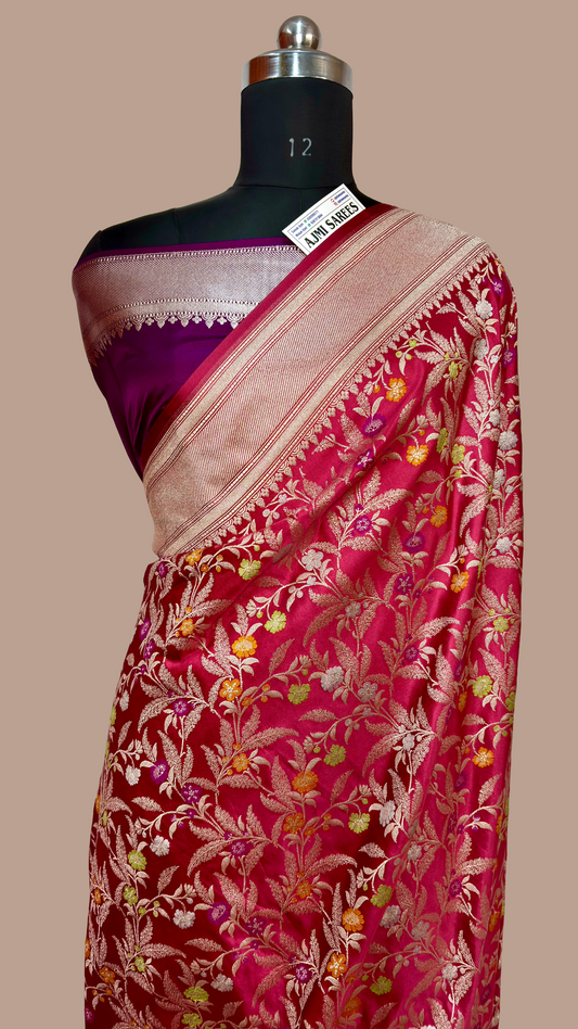 Premium Mashru Katan Silk Banarasi Saree – Contrast Purple Blouse Banarasi Saree