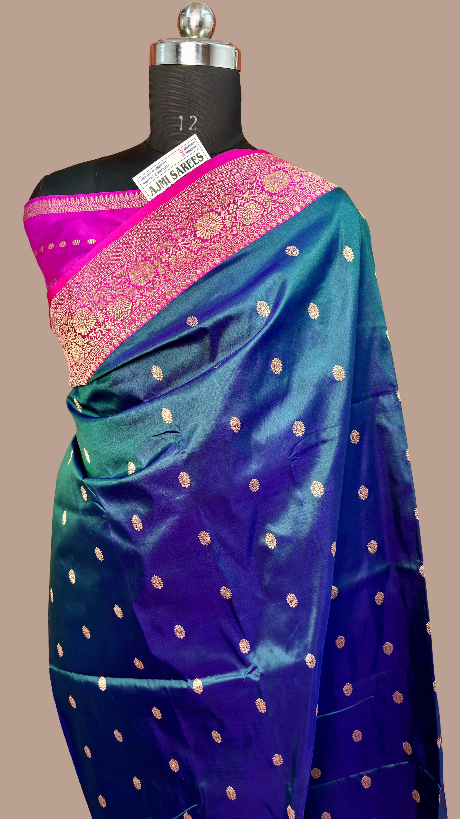 Emerald Green Pure Katan Silk Handloom Banarasi Saree with Rani Pink Border