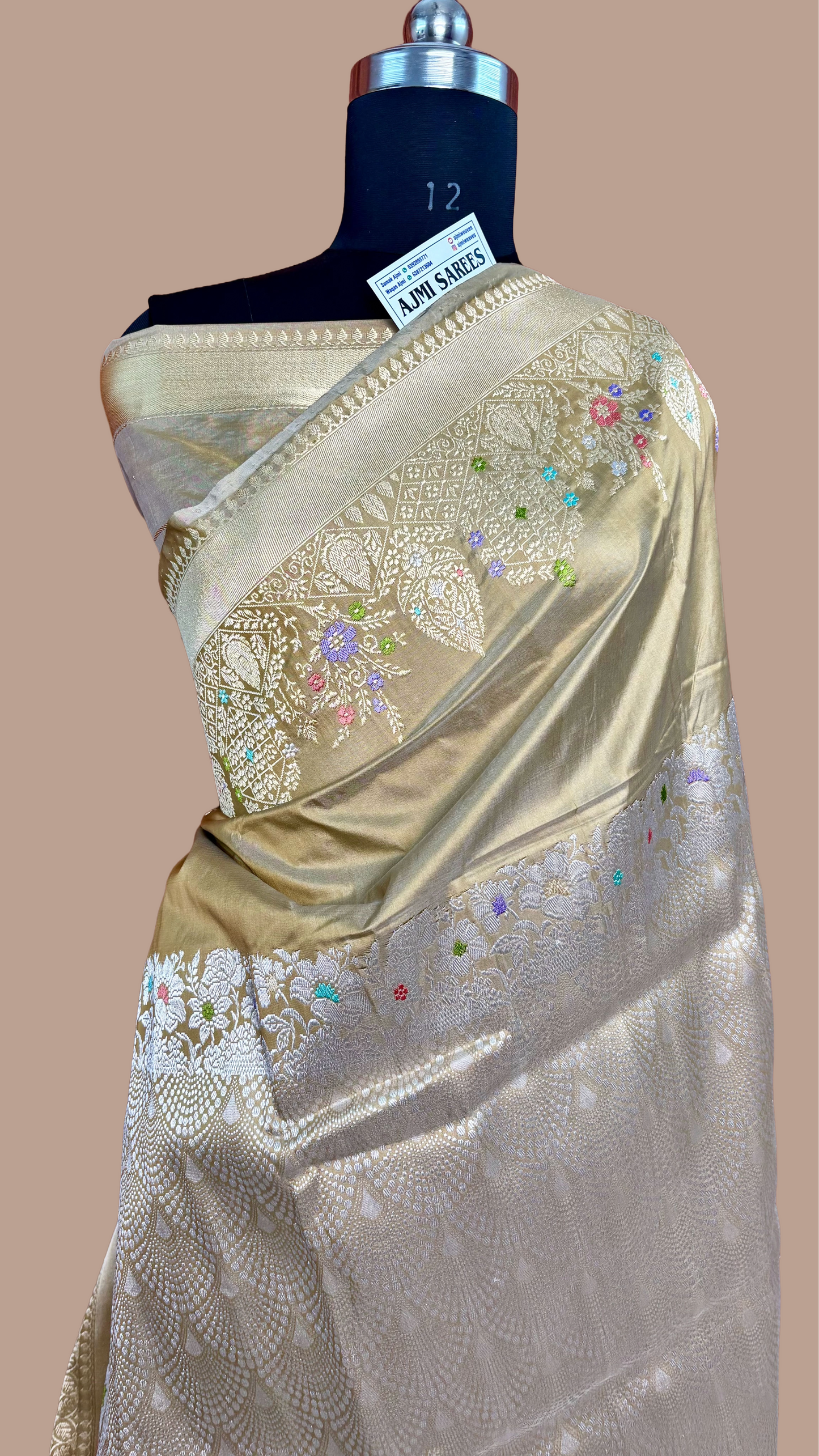 Luxury golden beige Banarasi silk saree with golden Meenakari zari and silver Tanchoi brocade