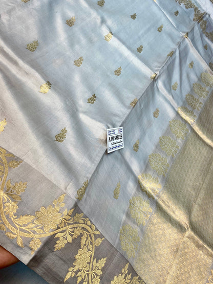 Pure mango silk grey Banarasi saree with satin zari border