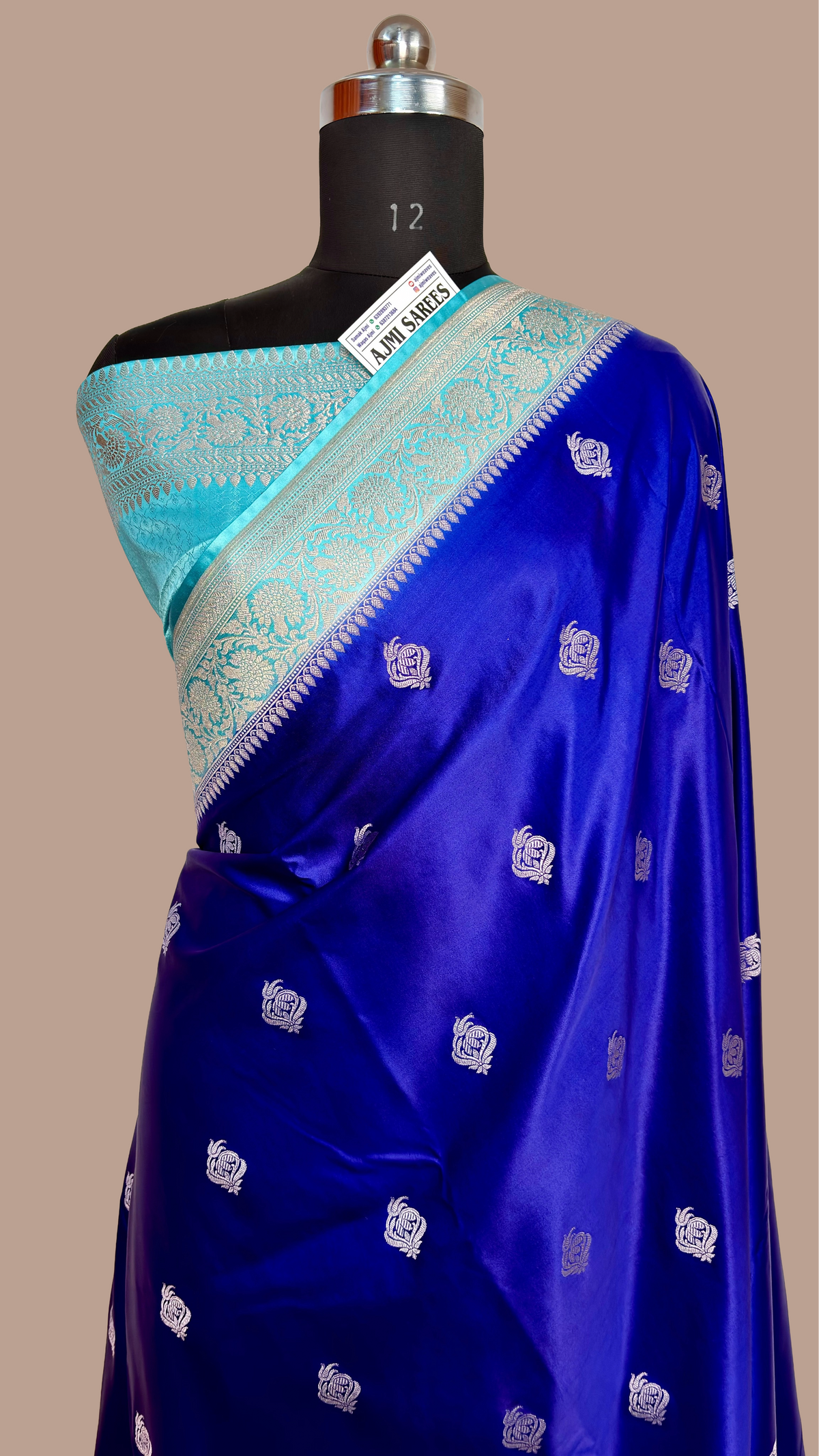 Premium Royal Blue Mashru Katan Silk Banarasi Saree with Sea Green Contrast Border Banarasi Saree
