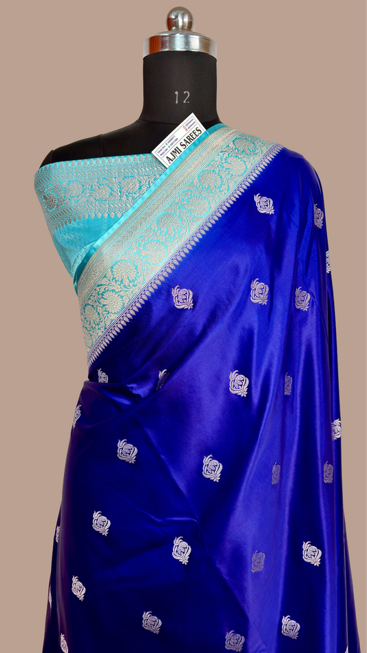 Premium Royal Blue Mashru Katan Silk Banarasi Saree with Sea Green Contrast Border Banarasi Saree