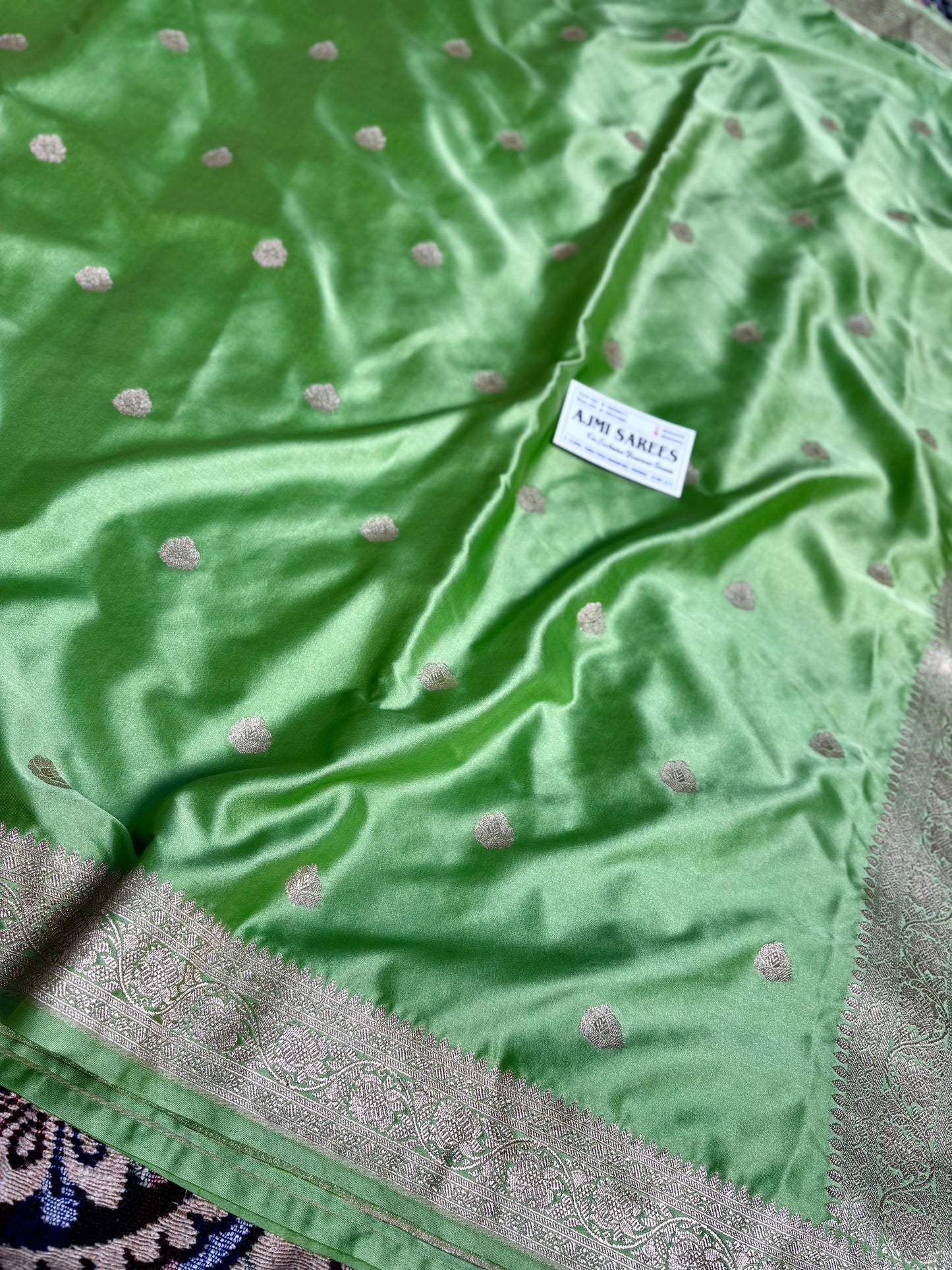 Classic pista green banarasi saree with all over zari boota