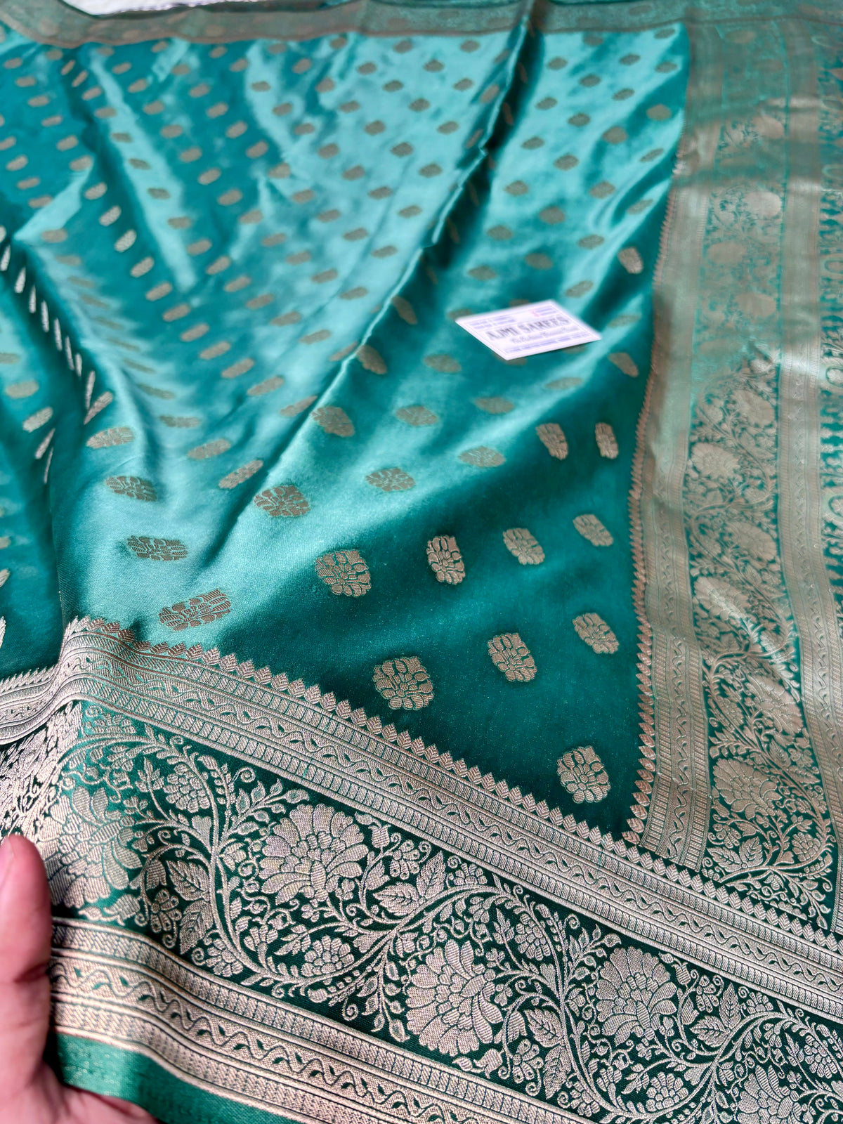 Mashru Katan Silk Banarasi Saree – Sea Green with All-Over Motifs Banarasi Saree