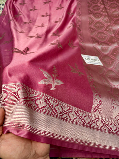 Premium Mashru Katan Silk Banarasi Saree – Onion Pink - All-Over Buta Motifs Banarasi Saree