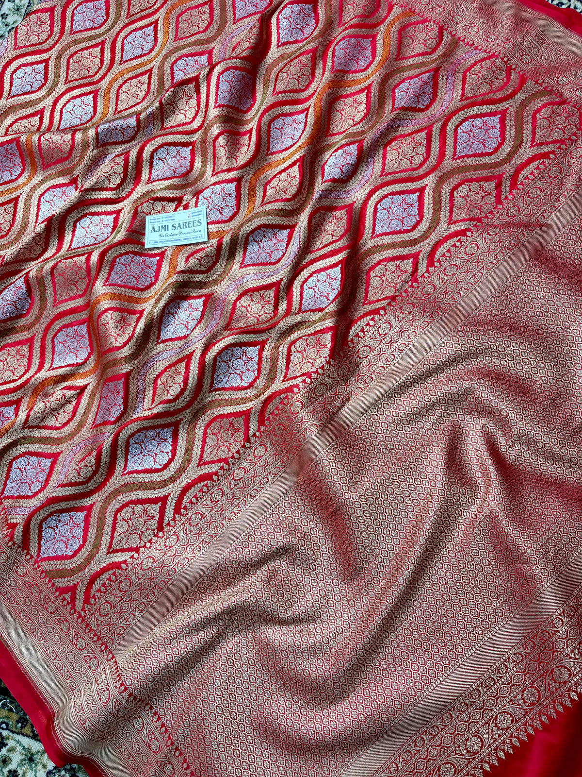 Premium Red Mashru Katan Silk Banarasi Saree with Intricate Meenakari-Inspired Jaal Banarasi Saree