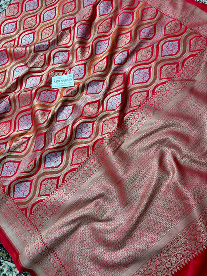Premium Red Mashru Katan Silk Banarasi Saree with Intricate Meenakari-Inspired Jaal Banarasi Saree