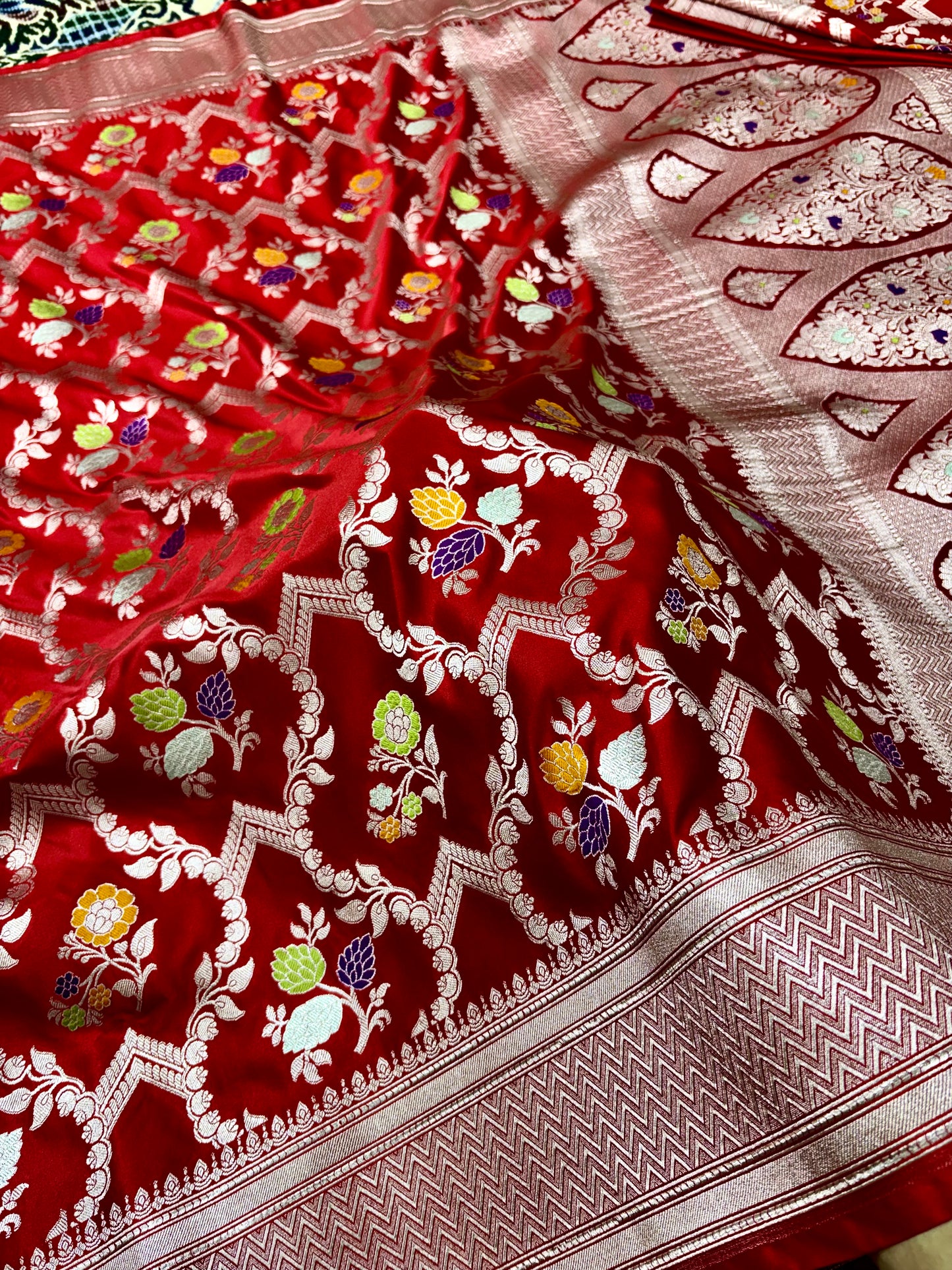 Mashru Katan Silk Red Banarasi Saree with Multicolor Floral Zari Jaal and Rich Traditional Border Mashru Katan Silk Banarasi Saree
