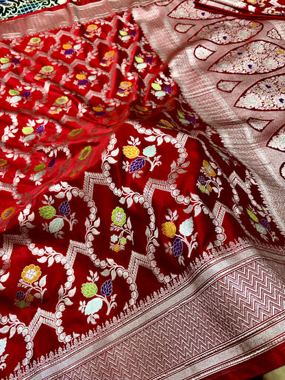 Mashru Katan Silk Red Banarasi Saree with Multicolor Floral Zari Jaal and Rich Traditional Border Mashru Katan Silk Banarasi Saree